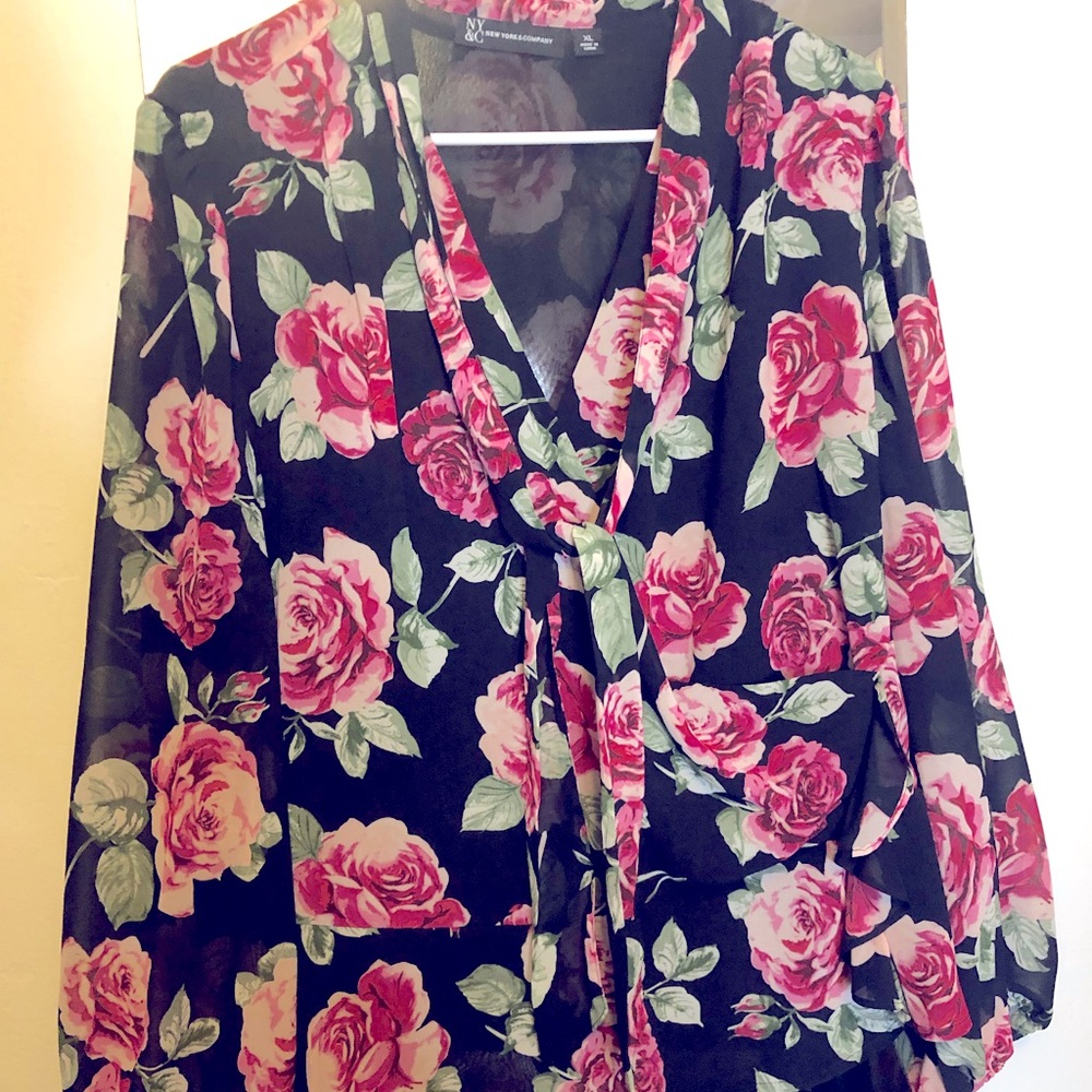 Black & Rose Blouse with Tie
